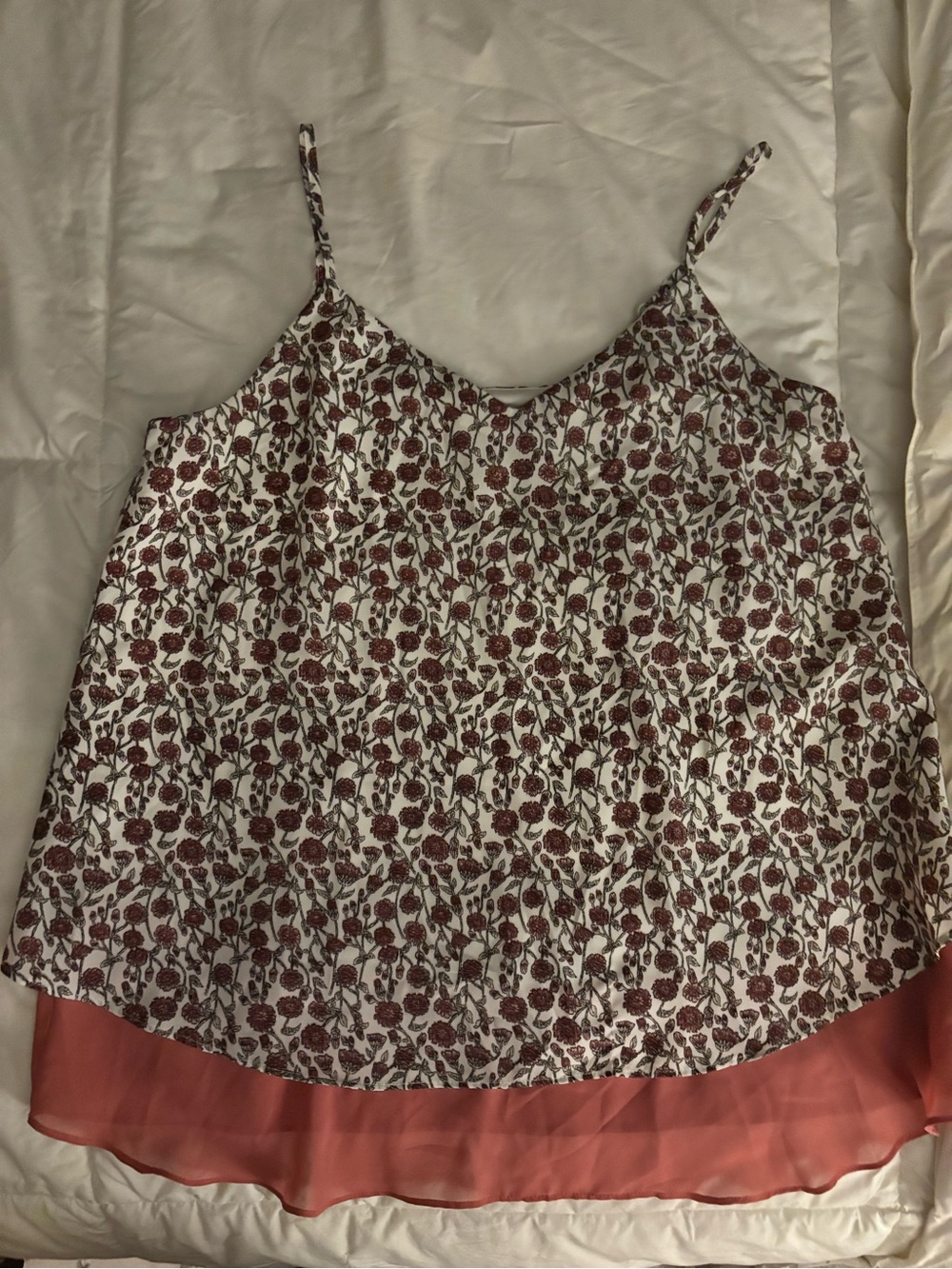 LOFT White Floral Spaghetti Strap Cami with Coral Hem